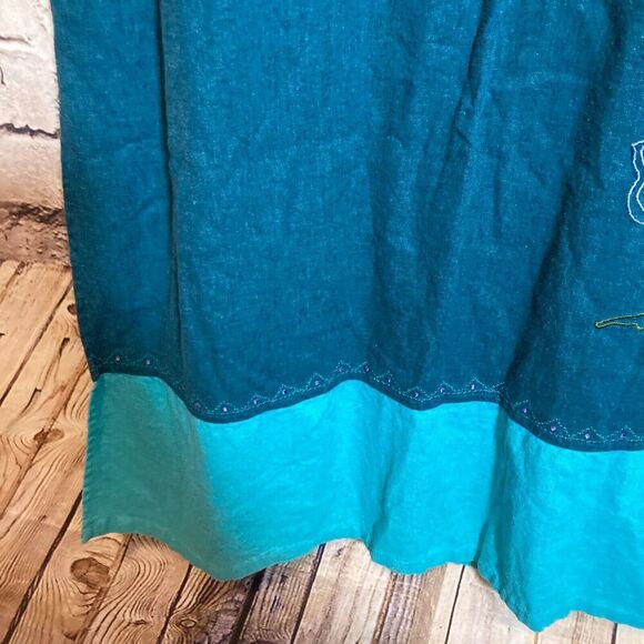 Vintage Studio Ease Midi Dress Womens 14 Linen Teal Turquoise Safari Elephant - Picture 10 of 13